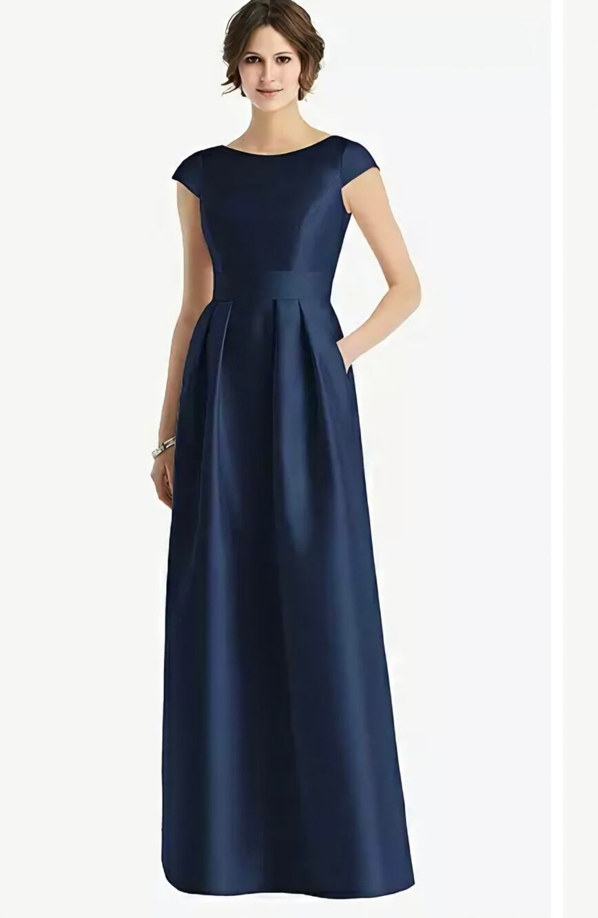 Alfred Sung D767 Navy Satin Twill Cap Sleeve Pleated Formal Gown Pockets NWT 4